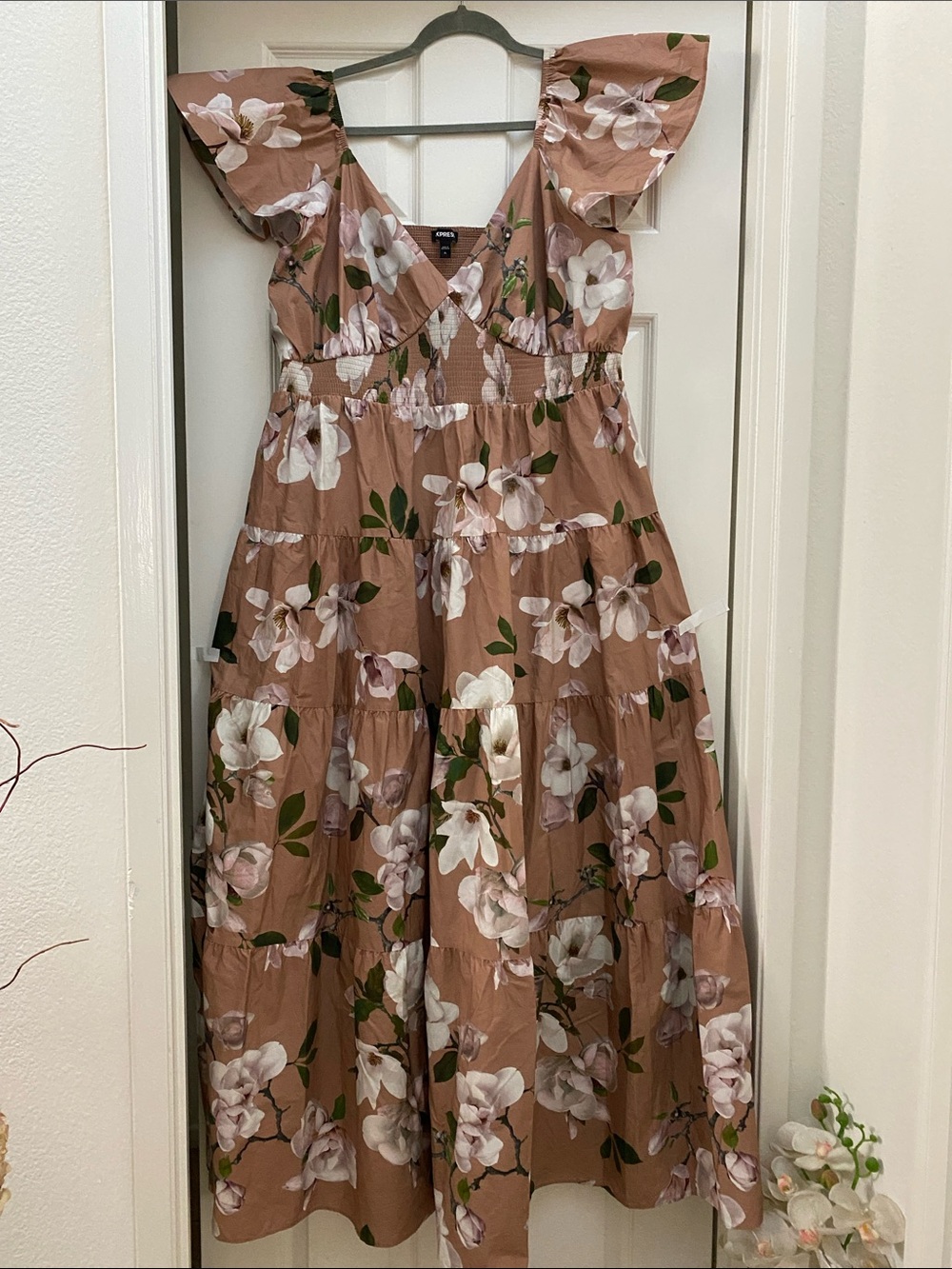 Express women Floral Tiered Dress - Dusty Rose with White & Green